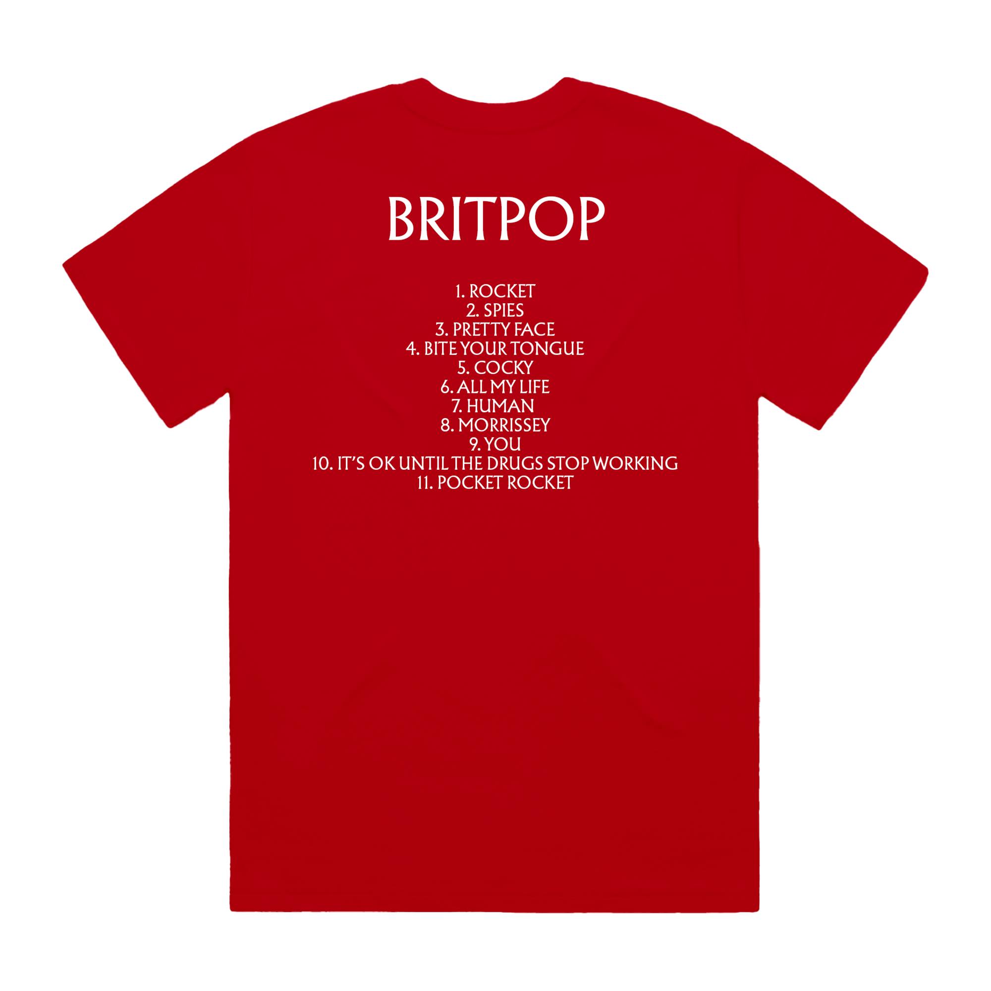 Backview of a short-sleeve unisex fit T-shirt with a white Britpop text at the top, and the Britpop tracklist listed below.
