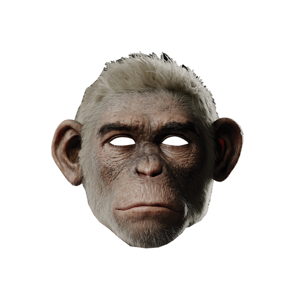 Front view of a monkey mask based on the character featured in the Robbie Williams Better Man film. only available on RobbieWilliams.com