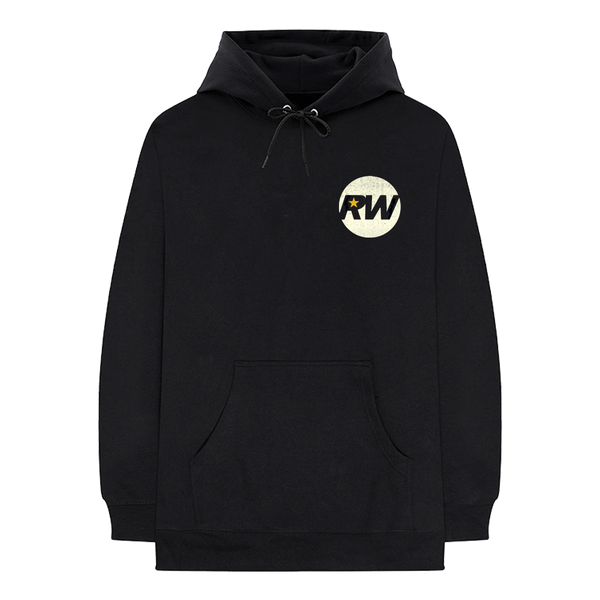 Front view of a black unisex relaxed-fit hoodie with an 'RW' logo print across the chest, featuring a drawstring hood and a front pocket. only available on RobbieWilliams.com