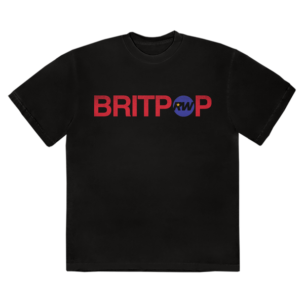 Front view of a black unisex regular fit short-sleeve T-shirt featuring a red “Britpop” print across the chest, with the “O” replaced by a blue circle containing black “RW” initials. only available on RobbieWilliams.com