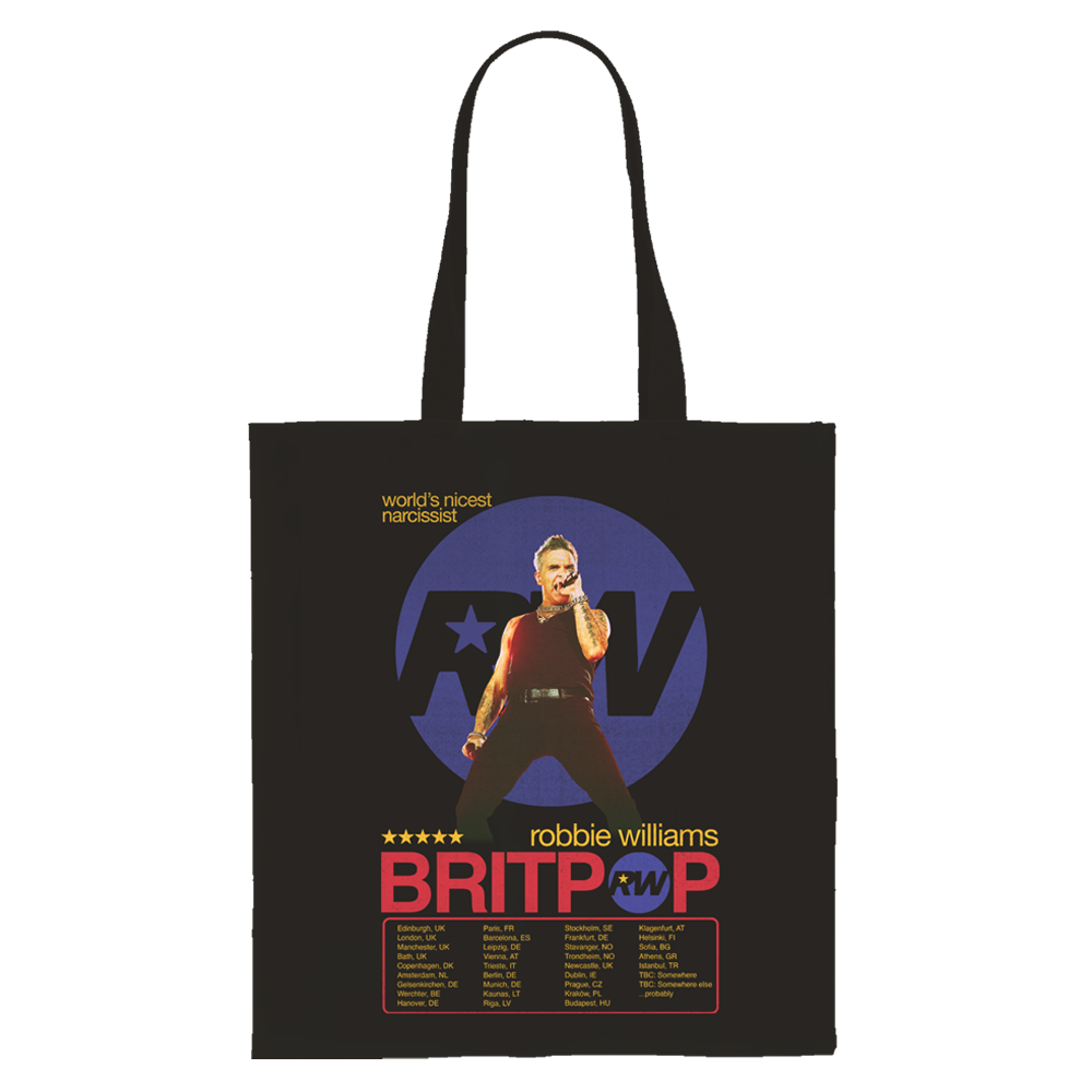 Back view of a black tote bag featuring a large graphic of Robbie Williams standing in front of a blue circle with "RW" initials. Above the graphic is the text "world’s nicest narcissist." Below are bold red "robbie williams" and "BRITPOP" texts, with the "O" in "BRITPOP" replaced by a blue circle and yellow star. A list of 2025 tour dates and cities is printed at the bottom.