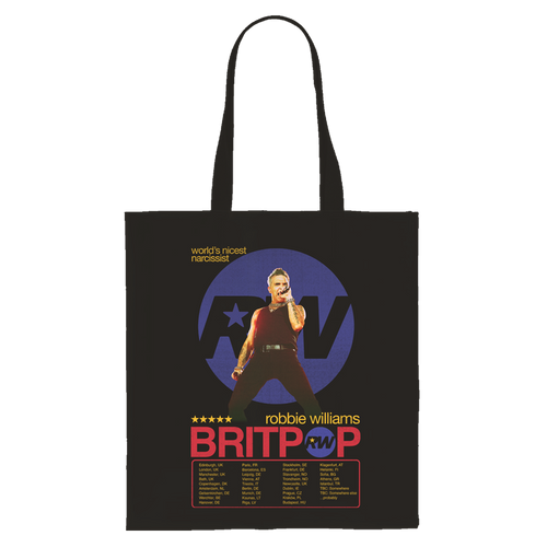 Back view of a black tote bag featuring a large graphic of Robbie Williams standing in front of a blue circle with "RW" initials. Above the graphic is the text "world’s nicest narcissist." Below are bold red "robbie williams" and "BRITPOP" texts, with the "O" in "BRITPOP" replaced by a blue circle and yellow star. A list of 2025 tour dates and cities is printed at the bottom.