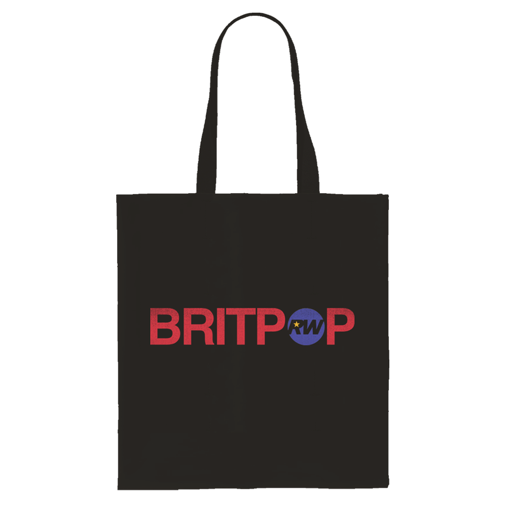 Front view of a black tote bag with a red "Britpop" print on one side, where the "O" is replaced by a blue circle containing black "RW" initials.