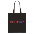 Front view of a black tote bag with a red "Britpop" print on one side, where the "O" is replaced by a blue circle containing black "RW" initials.