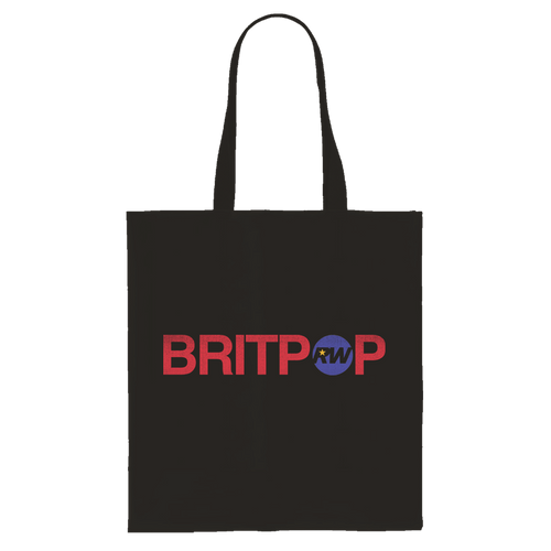 Front view of a black tote bag with a red "Britpop" print on one side, where the "O" is replaced by a blue circle containing black "RW" initials.