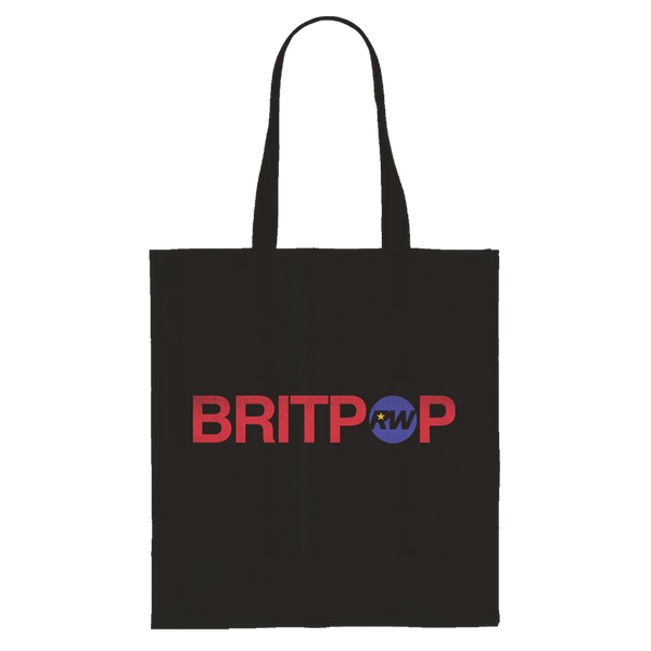 Front view of a black tote bag with a red "Britpop" print on one side, where the "O" is replaced by a blue circle containing black "RW" initials. only available on RobbieWilliams.com