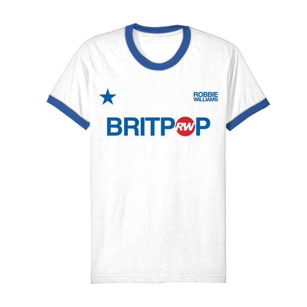 Front view of a white unisex short-sleeve ringer T-shirt with blue trim on the sleeves and neckline. The front features blue "Britpop" text across the chest, with the "O" replaced by a red circle containing a white RW logo.








 only available on RobbieWilliams.com