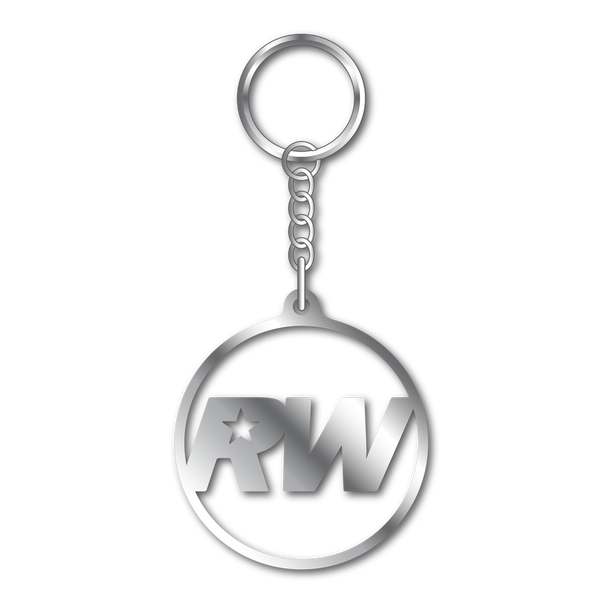 Front view of a silver keychain with RW logo only available on RobbieWilliams.com