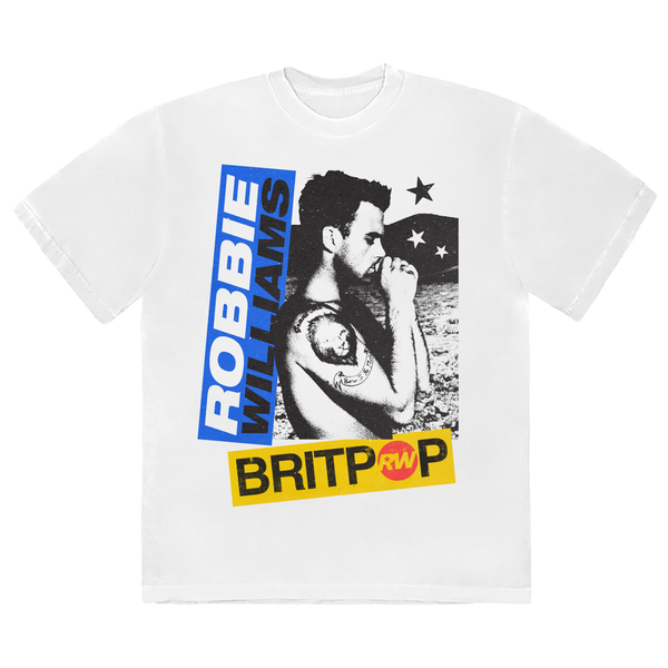 Front view of a white unisex short-sleeve T-shirt featuring a black-and-white photo of Robbie Williams in profile, set against a starry background. Bold blue vertical text reads “ROBBIE WILLIAMS” on the left side, and a yellow banner at the bottom says “BRITPOP” with a red and yellow “RW” logo inside the “O.” only available on RobbieWilliams.com