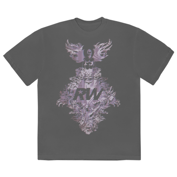 Front view of a vintage washed grey unisex short-sleeve regular fit T-Shirt with purple RW wing print across the front only available on RobbieWilliams.com