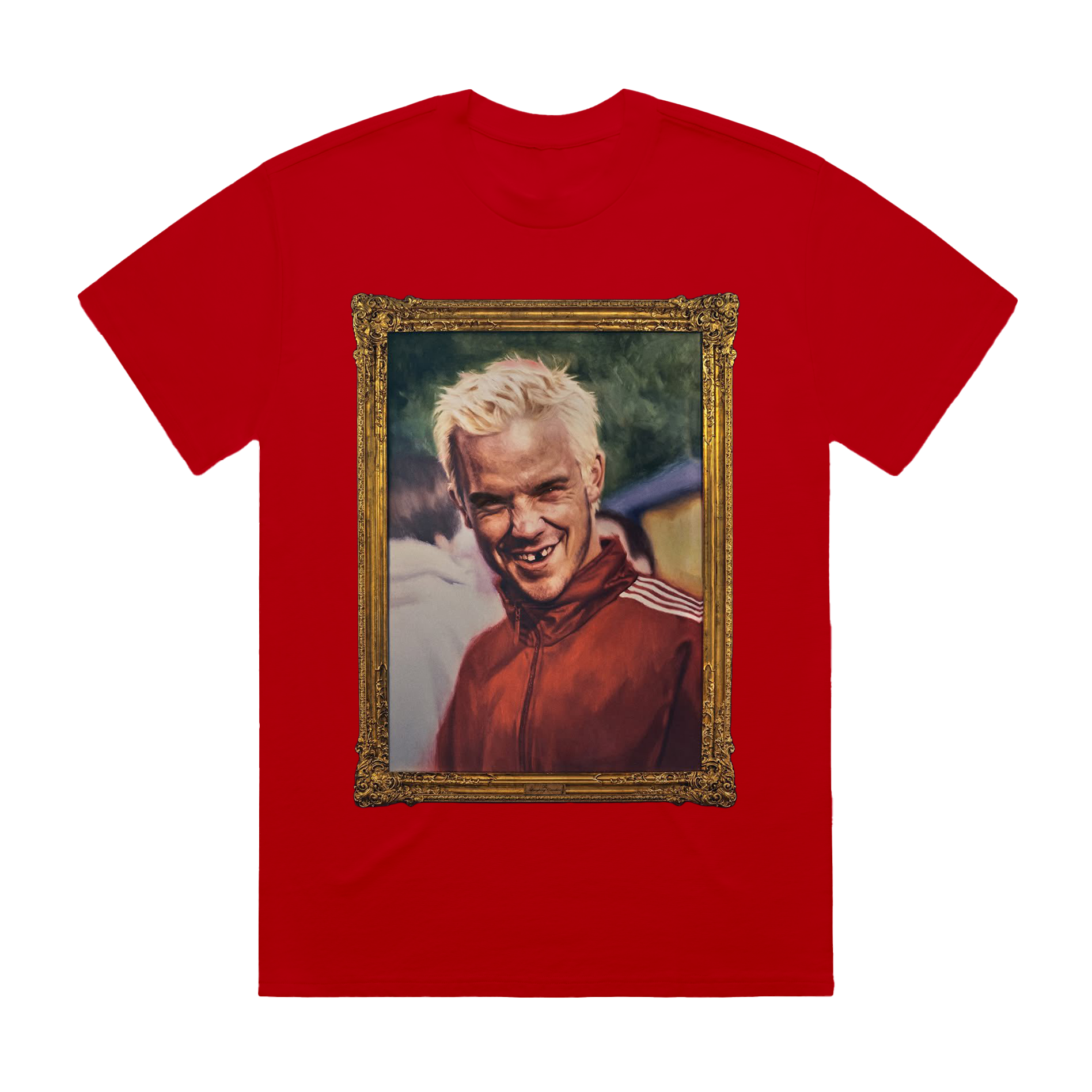 Front view of a unisex red short-sleeve T-shirt featuring a central photo-style print of Robbie Williams rendered in a painterly style, framed in an ornate gold frame.
