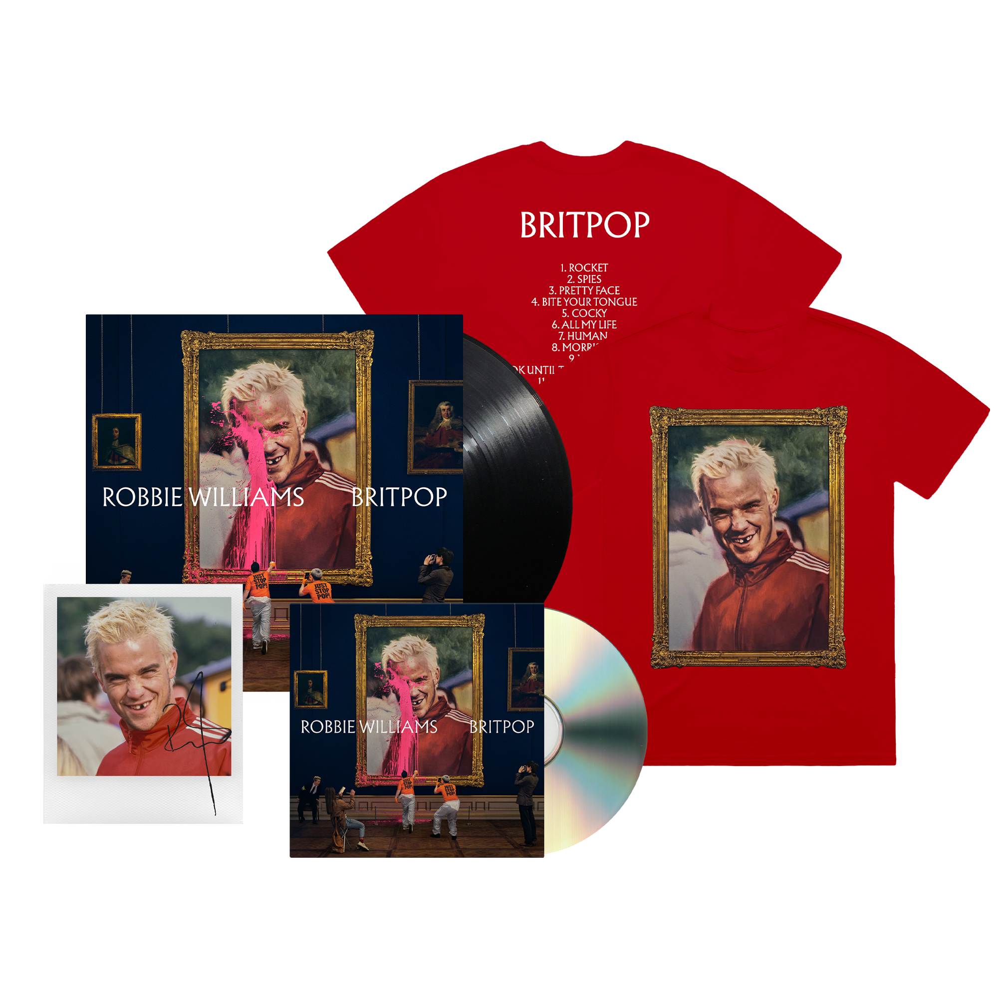 Robbie Williams Britpop bundle featuring a red Britpop T-shirt, the album on CD and vinyl, and a signed Polaroid photo of Robbie.