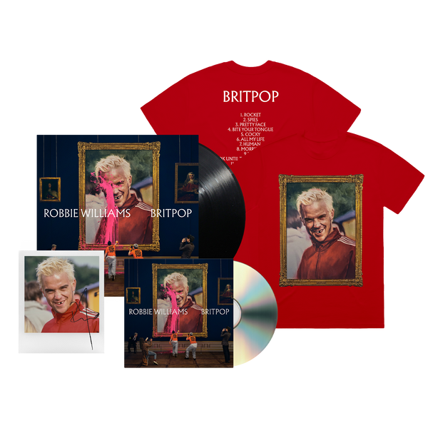 Robbie Williams Britpop bundle featuring a red Britpop T-shirt, the album on CD and vinyl, and a signed Polaroid photo of Robbie. only available on RobbieWilliams.com