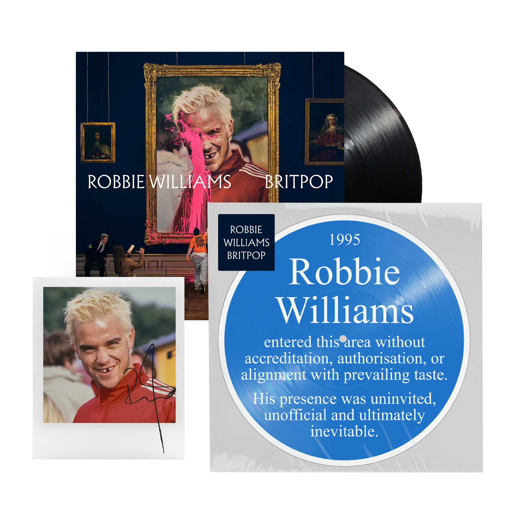 Robbie Williams Britpop bundle featuring the album on standard black vinyl and a 'blue plaque' picture disc, accompanied by a signed Polaroid photo of Robbie