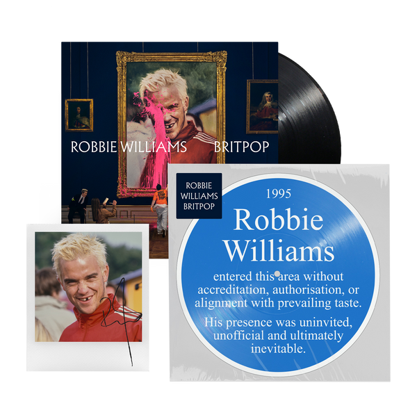 Robbie Williams Britpop bundle featuring the album on standard black vinyl and a 'blue plaque' picture disc, accompanied by a signed Polaroid photo of Robbie only available on RobbieWilliams.com