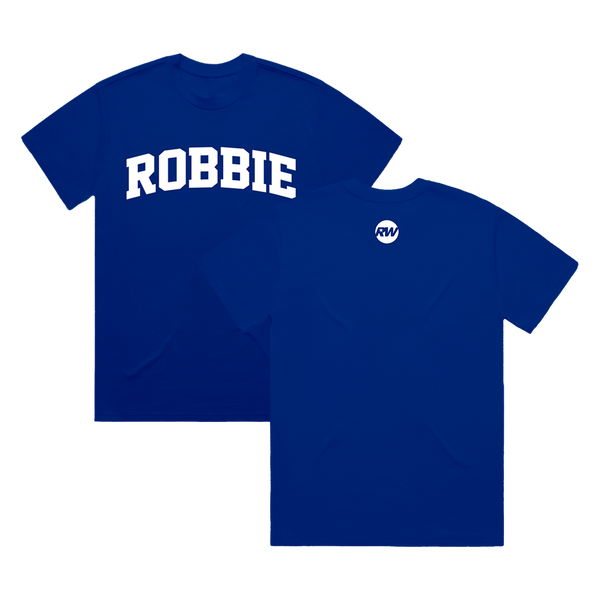 Robbie Williams Blue Logo College T-Shirt only available on RobbieWilliams.com