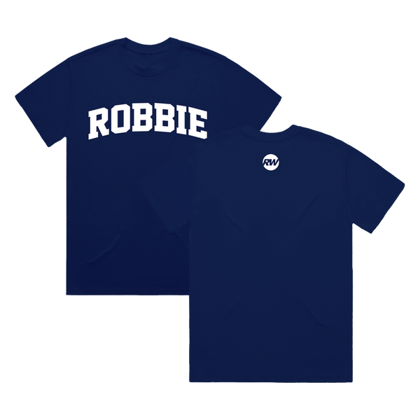 RW Blue Logo College T-Shirt only available on RobbieWilliams.com