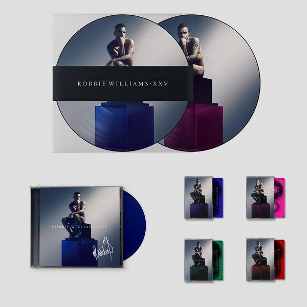 Limited Edition Souvenir 'XXV' Twin Picture Disc Vinyl LP + Signed CD + Choice of Colour Cassette only available on RobbieWilliams.com